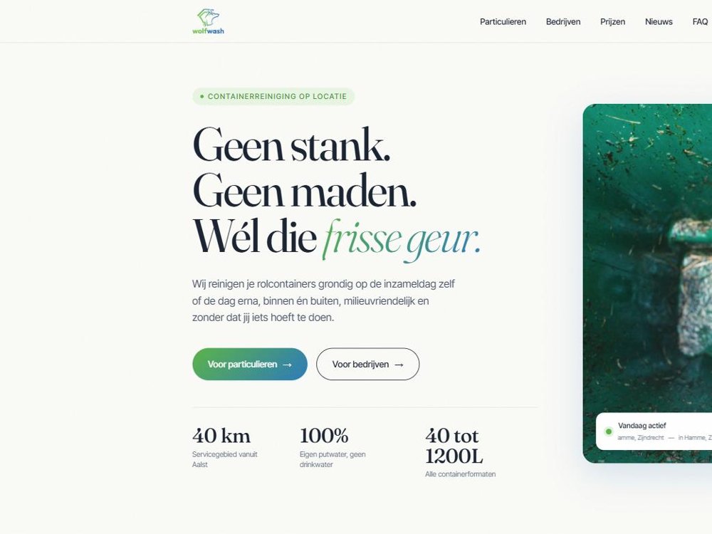 Website van WolfWash, containerreiniging aan huis